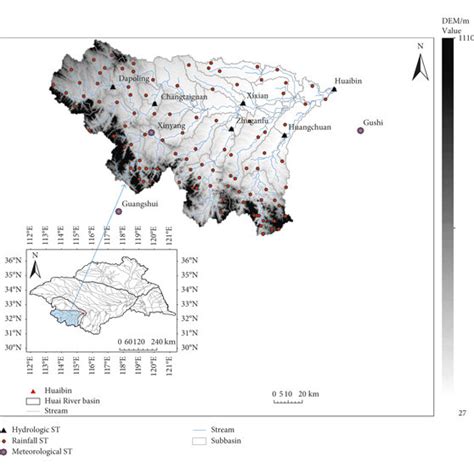 The upper Huai River basin: location (the inset map), elevation ...