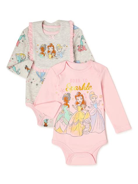 Disney Princess Baby Girl’s Long Sleeve Bodysuits and Bib, 2 Pack Sizes ...