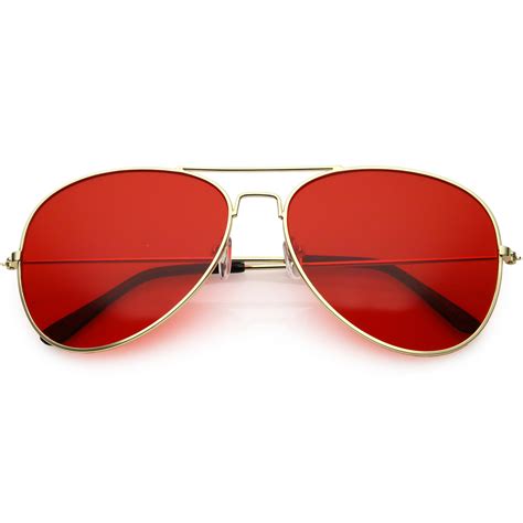 Retro Unisex Large Red Tinted Lens Metal Aviator Sunglasses - zeroUV