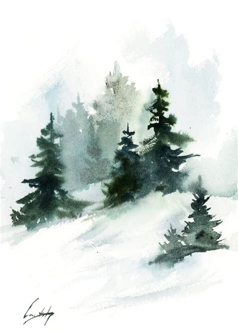 Pine trees landscape painting, Winter landscape original watercolor ...