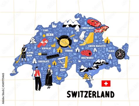 Switzerland map flat hand drawn vector illustration flag. Names ...