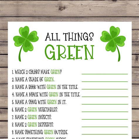 All Things Green Game, Printable St. Patrick's Games for Kids, Instant ...