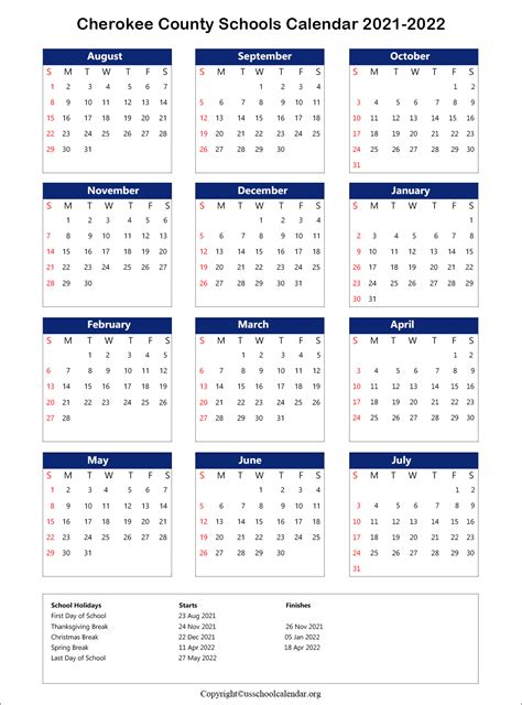 Cherokee County School Calendar with Holidays 2021-2022