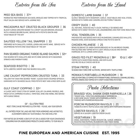 Alexander's Restaurant menu in Naples, Florida, USA