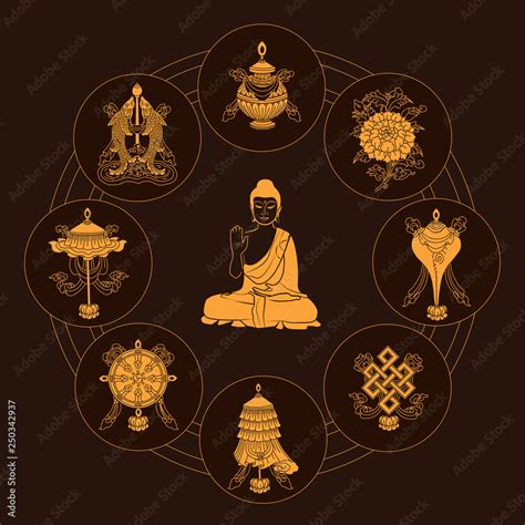 Ashtamangala. Eight auspicious symbols of Buddhism, golden on brown ...