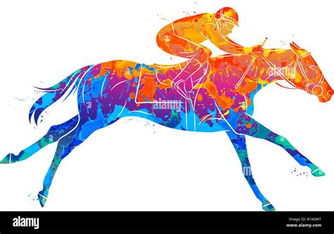 Abstract racing horse with jockey from splash of watercolors ...