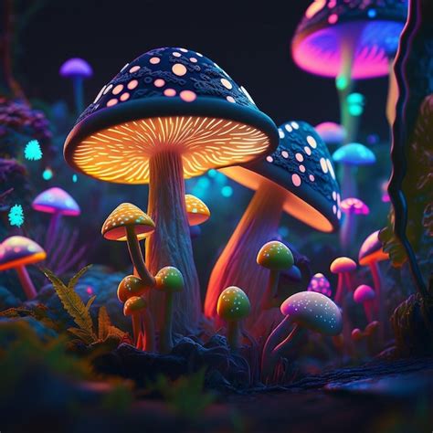 Premium Photo | A glowing mushroom forest with a blue light on the bottom.