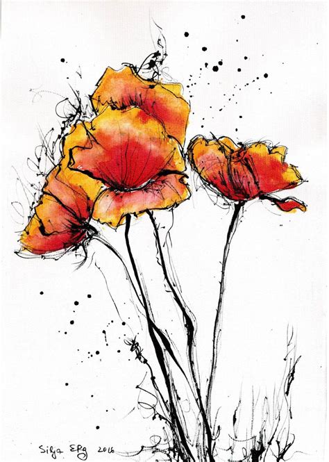 Ink drawing on canvas A4 (20x30cm) - abstract red poppies - flower ...