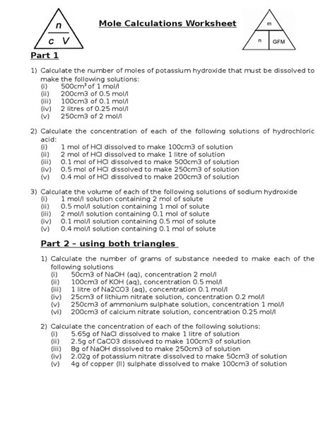 Mole Calculations Worksheet