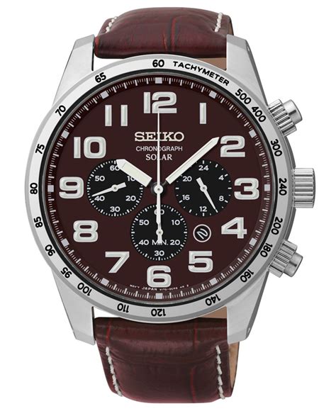 Seiko Men's Chronograph Solar Brown Leather Strap Watch 45mm Ssc227 for ...