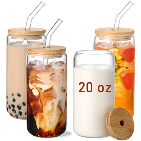 Buy VITEVER 20 OZ Glass Cups with Bamboo Lids and Glass Straw - 4pcs ...