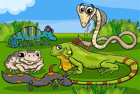 Reptiles And Amphibians Group Cartoon Stock Vector - Illustration of ...