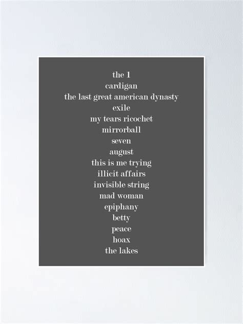 "Taylor Swift Folklore Tracklist" Poster by MusicPopCulture | Redbubble