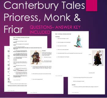 The Canterbury Tales Prologue Prioress, Monk & Friar Questions with ...