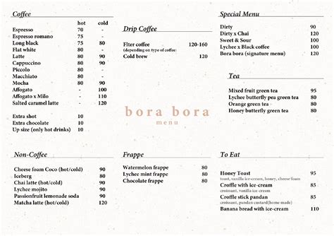 Menu at Bora bora Cafe, Bangkok