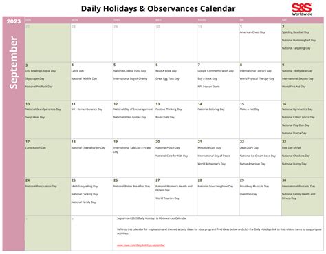 September Daily Holidays & Observances Printable Calendar - S&S Blog