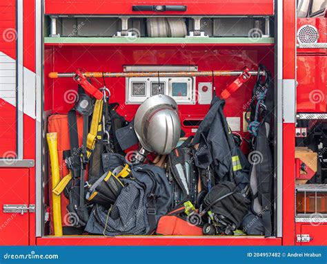 Rescue Equipment, Tool in the Fire-fighting Truck. Stock Photo - Image ...