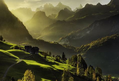 HD wallpaper: nature, Switzerland, grass, cabin, forest, fall, road ...