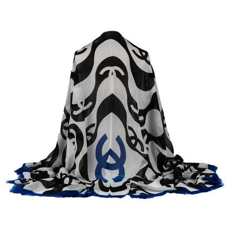 Chanel New Black White Blue Logo Shawl For Sale at 1stDibs