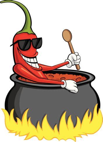 This is a chili pepper sitting in a pot of boiling hot chili holding ...