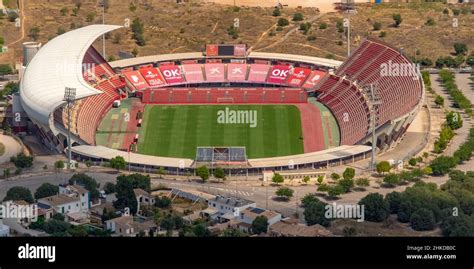 Aerial view, football stadium Estadi de Son Moix, Calvià, Mallorca ...