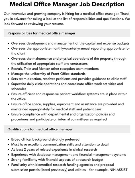 Medical Office Manager Job Description | Velvet Jobs