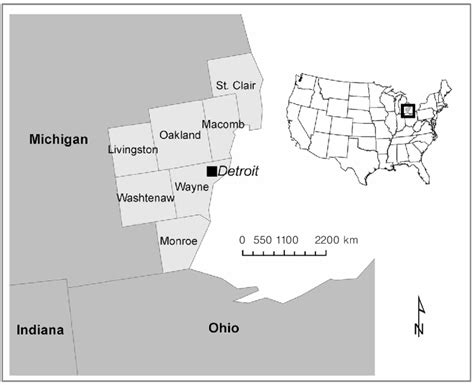 Map of the Detroit metropolitan area, including the locations of the ...