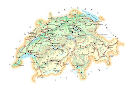 Large detailed physical map of Switzerland with roads, cities and ...