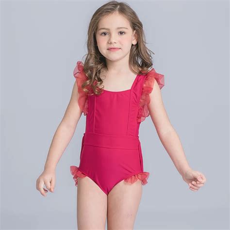 2017 Red Lace Swimsuit Girls One Piece Swimwear Solid Bodysuit Children ...