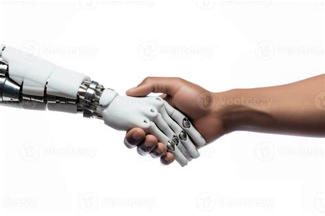 AI Generated Robot hand shaking human hand isolated on white background ...