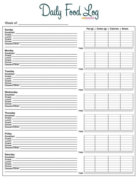 Free Printable Daily Food Log | Food journal printable, Food log, Food ...