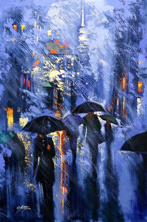 Blue Rainy Day Walkers Painting by Chin h Shin | Saatchi Art