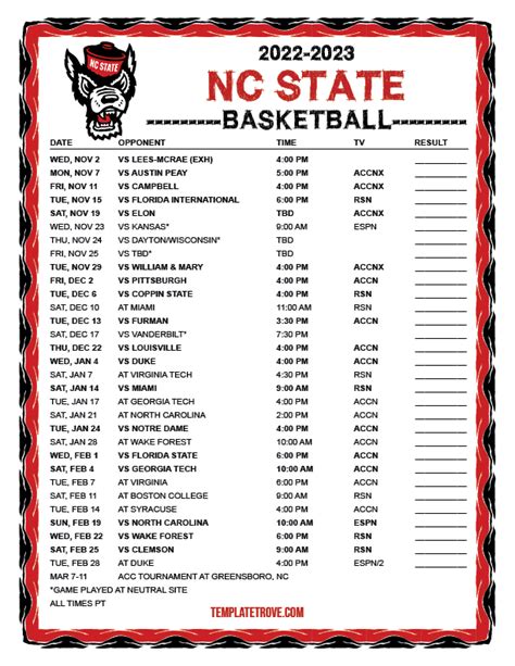 Printable 2022-2023 NC State Wolfpack Basketball Schedule