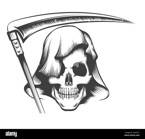 Grim Reaper Tattoo. Skull in Hood with Scythe. vector illustration ...