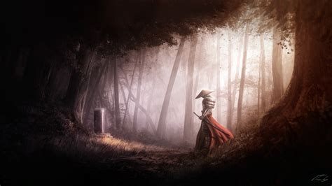 Forest Samurai Warrior - Sunbeam Fantasy HD Wallpaper by Juan Terradas