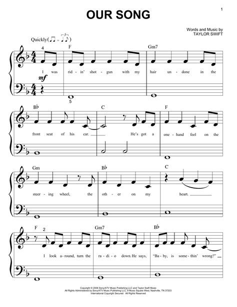 Our Song by Taylor Swift Sheet Music for Big Note Piano at Sheet Music ...