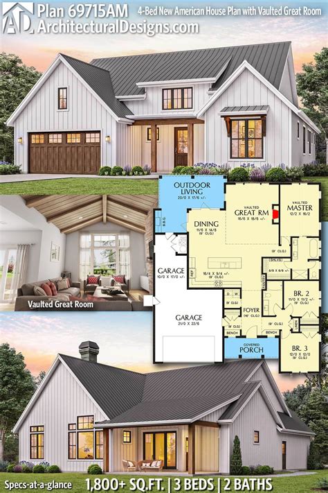 Plan 69715AM: 3-Bed New American House Plan with Vaulted Great Room ...