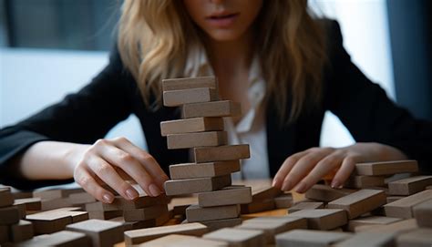 Premium Photo | Young adult businesswoman stacking dominoes creating a ...