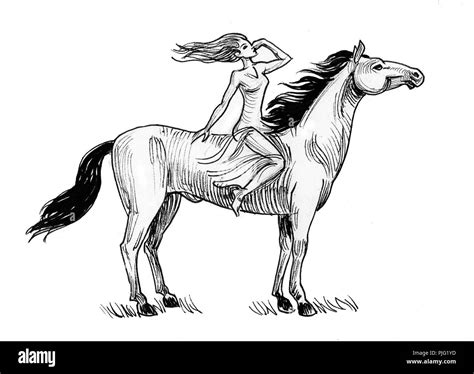 Pretty woman riding a white horse. Ink black and white drawing Stock ...