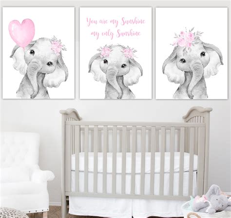 Pink Baby Girl Nursery Art Elephant With Balloons Watercolor Flowers ...