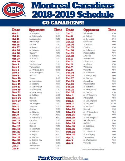 Printable Montreal Canadiens Schedule - Printable Schedule