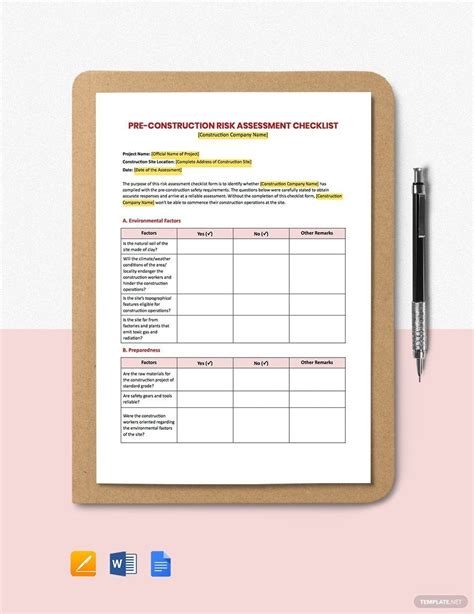 Pre-Construction Risk Assessment Checklist Template in Pages, Word ...