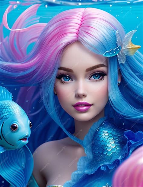 Premium AI Image | barbie doll bluehair mermaid fish jellyfish