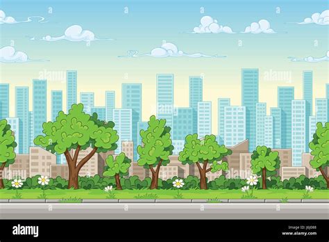 Seamless cartoon city background. Vector illustration with separate ...