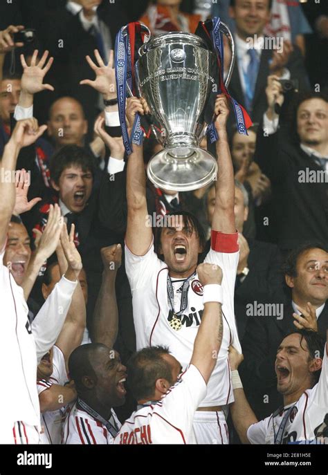 AC Milan's Paolo Maldini celebrates with the trophy during the UEFA ...