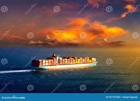 Container ship at sunset stock image. Image of goods - 267767665