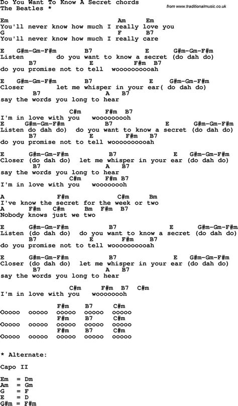 Song Lyrics with guitar chords for Do You Want To Know A Secret in 2022 ...