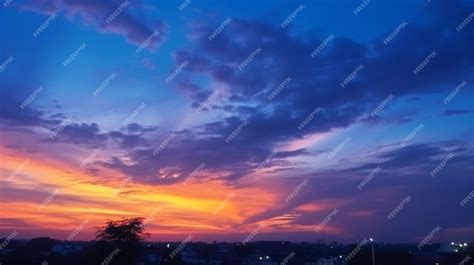 Premium AI Image | A sunset with a blue sky and clouds