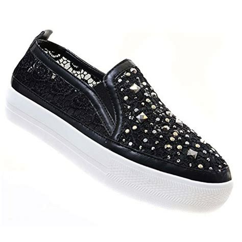 Fourever Funky - Black Rose Lace Rhinestone Slip On Platform Sneakers ...