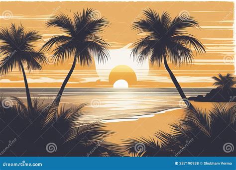 Palm Tree Silhouette at Sunset Stock Illustration - Illustration of ...